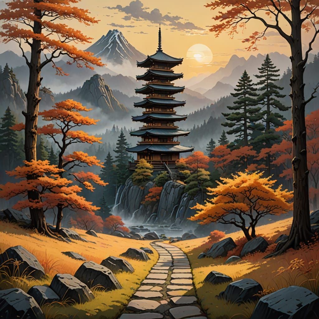 Japanese Pagoda in Serene Landscape