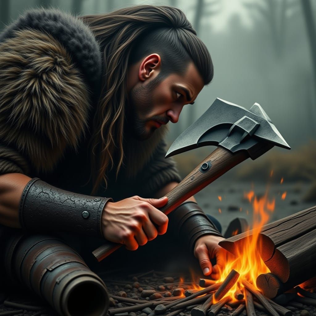 Viking Warrior Sharpening Axe at Campfire in Misty Landscape