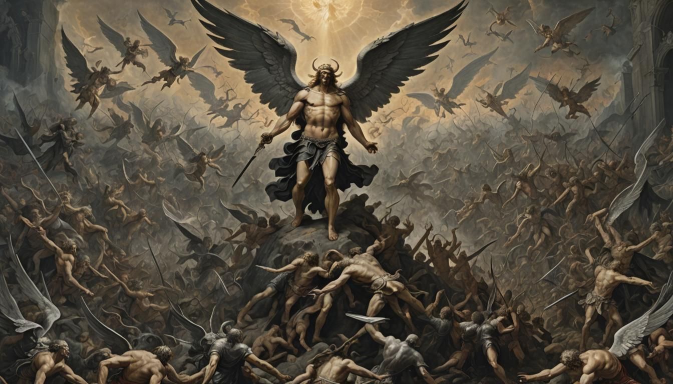 Lucifer's Fall: Epic Angel Battle in Oil Painting