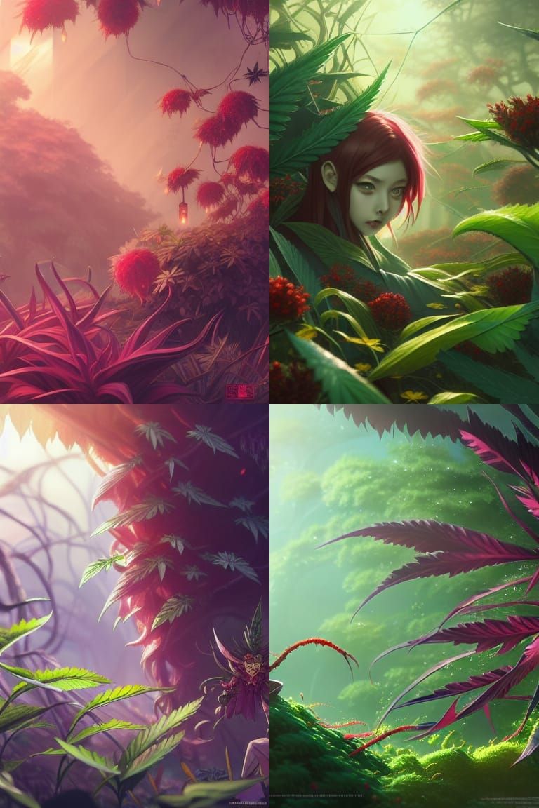 Detailed Anime Plants with Horror Elements in Dystopian Sett...