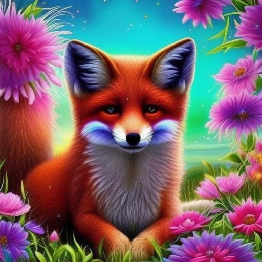 Radiant Baby Fox in Flower Field