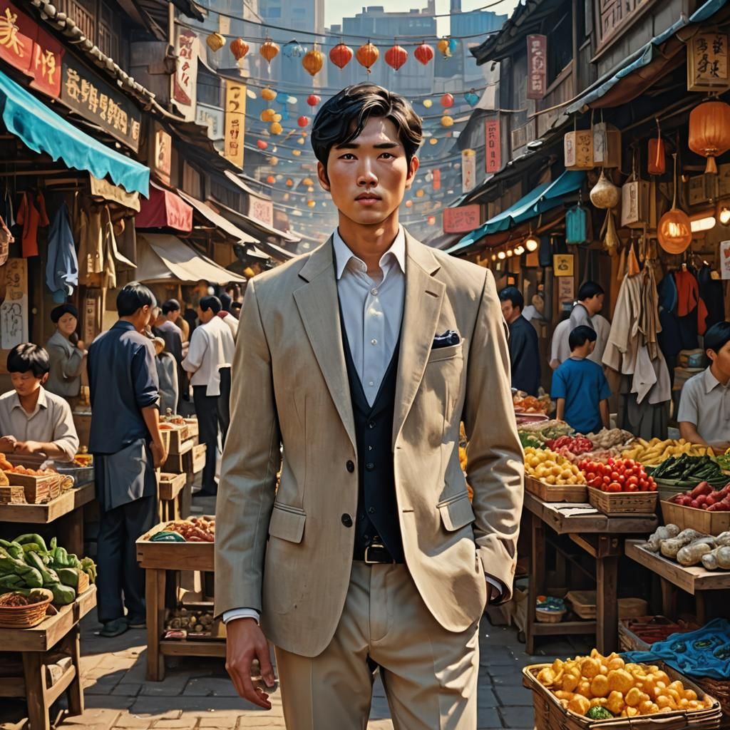 Korean Market Scene with Man in Blazer