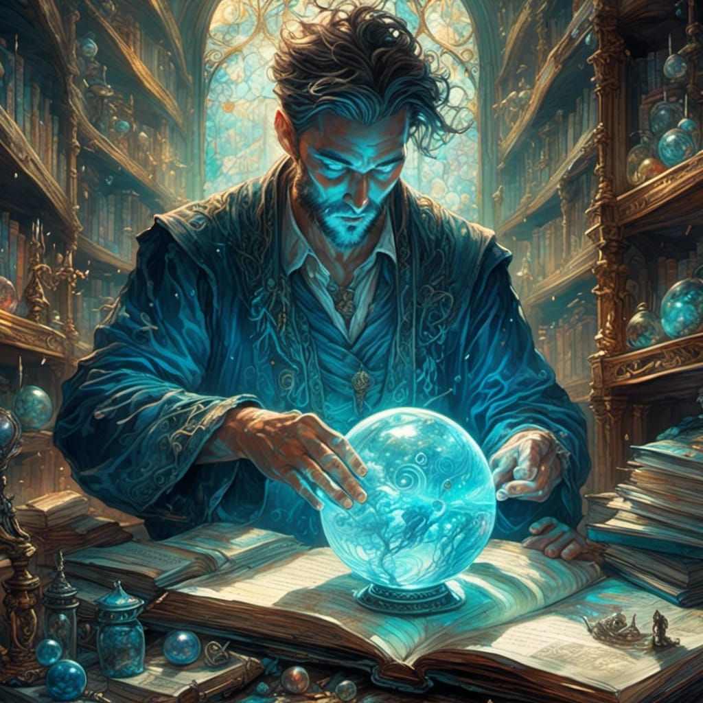 Wizard Gazing into Orb in Vast Library