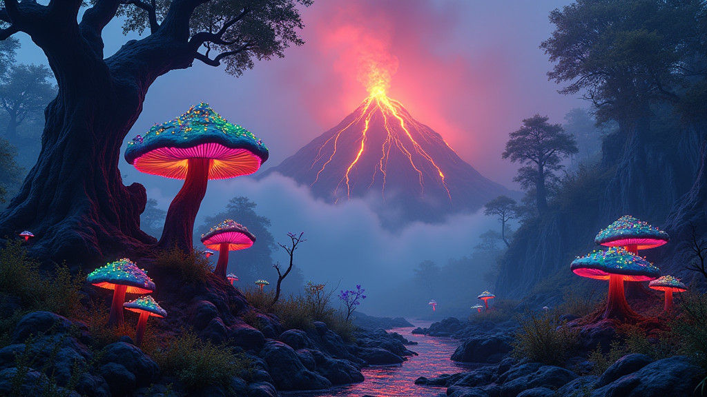 Mystical Valley with Psychedelic Mushroom Forest