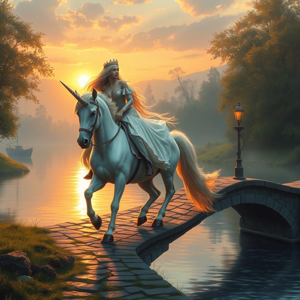 Lady on Unicorn at Sunset, Art Nouveau Style
