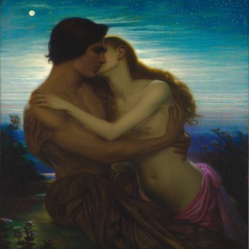 Eros and Psyche Embrace Under Starry Sky