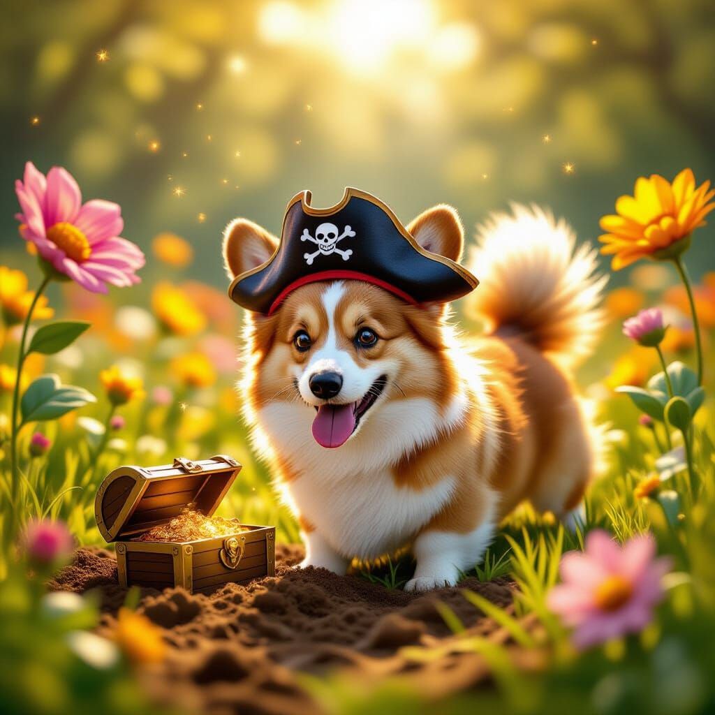 Joyful Corgi Pirate Digs for Treasure in Fantastical Meadow