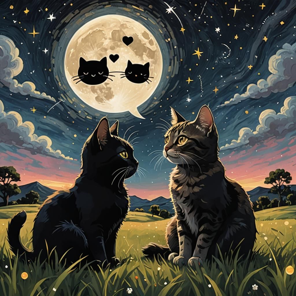 Kittens' Shadows Chat Under Starry Moon