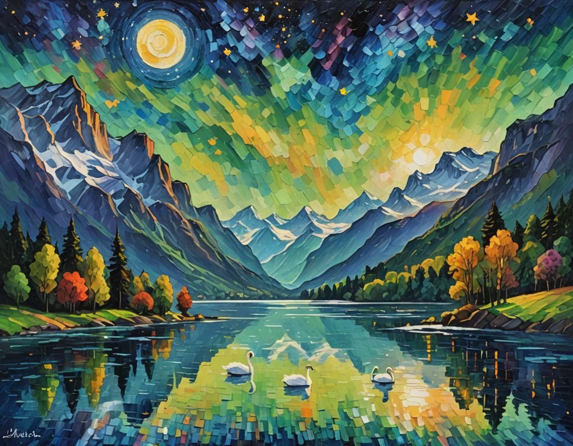 Swan Lake, Luzern: Expressionist Oil Painting