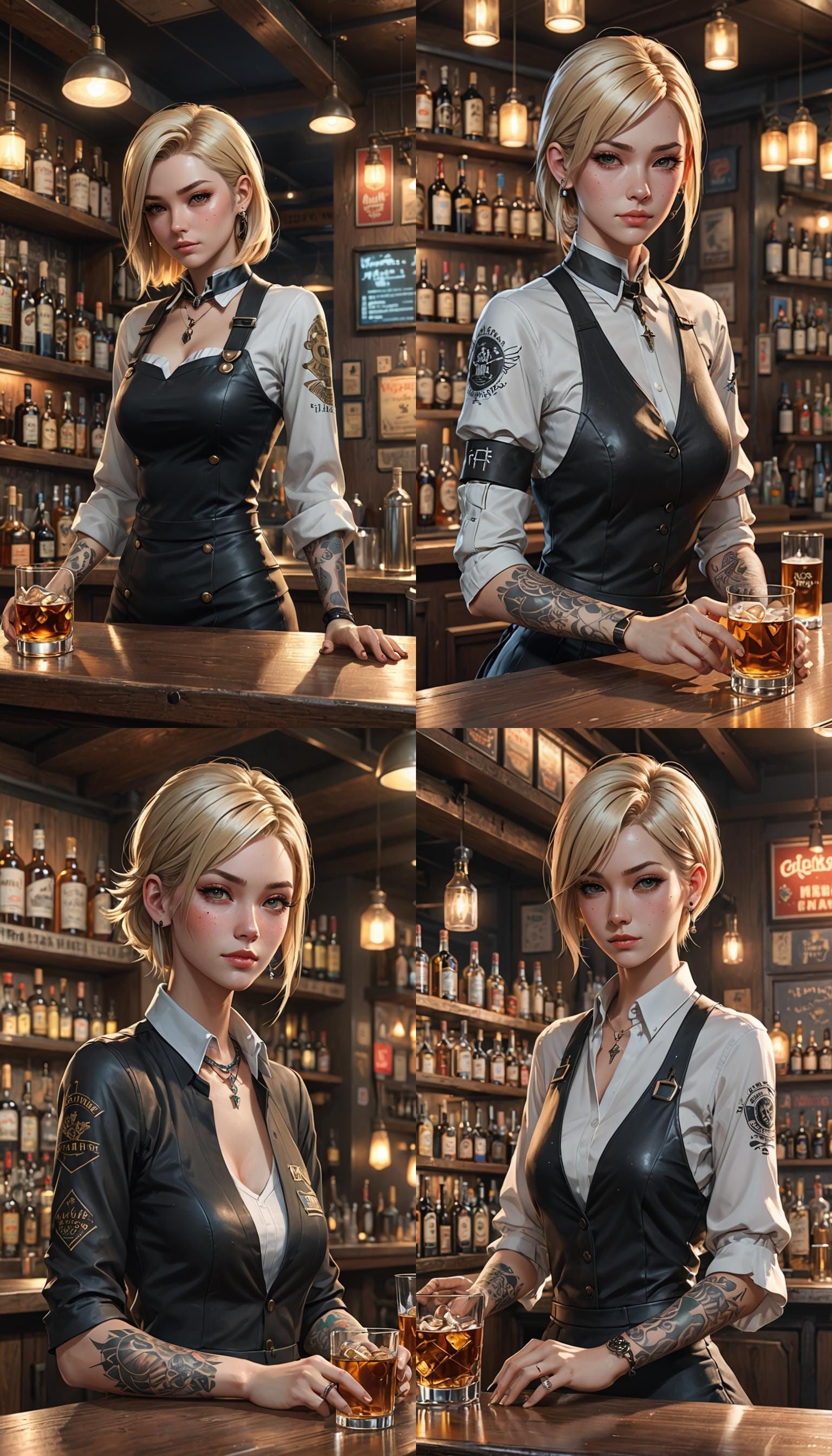 Anime Style: Tattooed Bartender Serving Whiskey