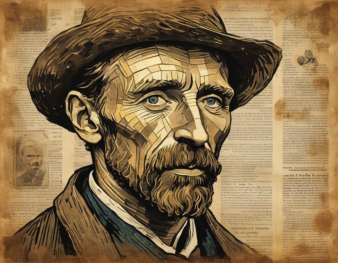 Vintage Newspaper Illustration of Van Gogh in Watercolor Sty...