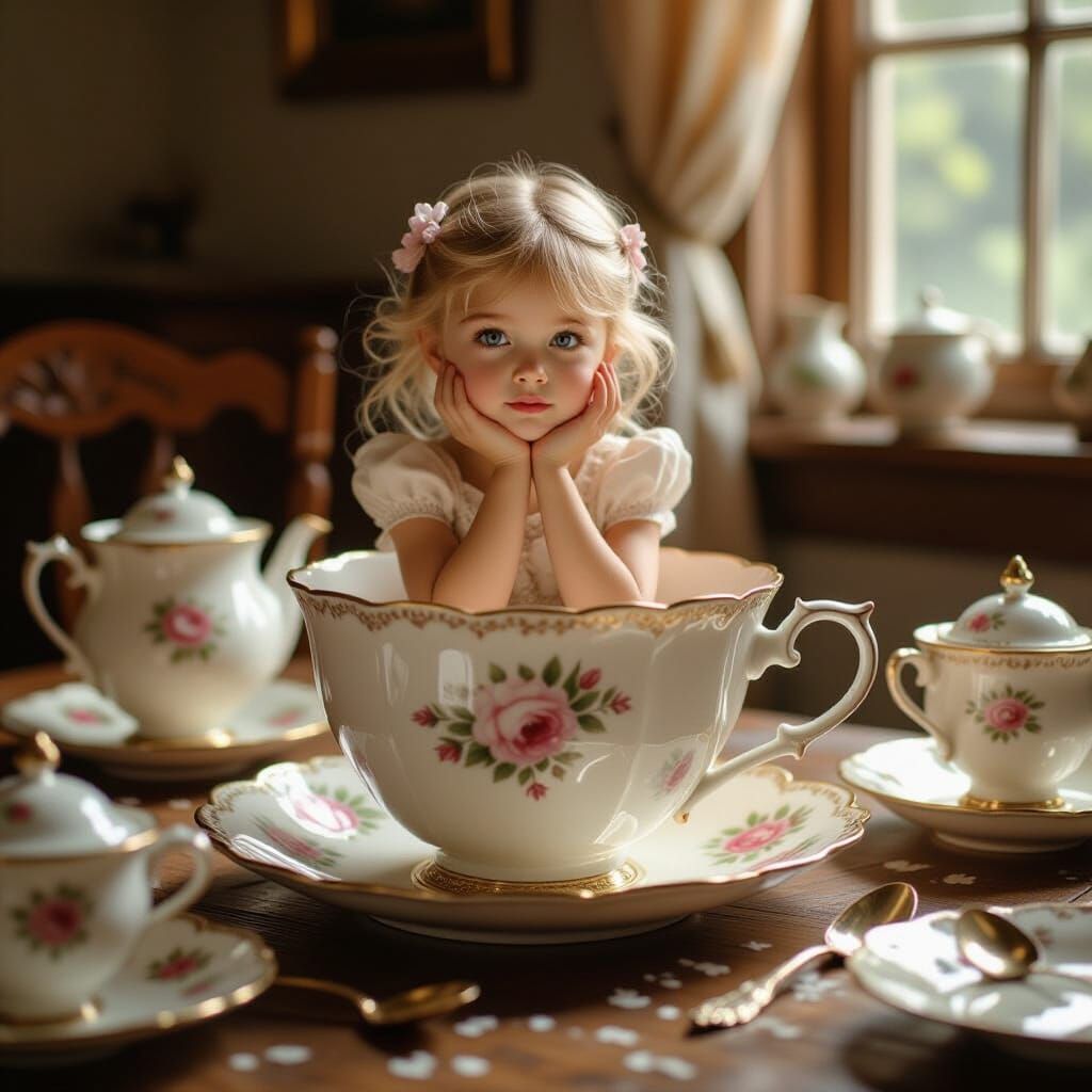 Thumbelina's Tea Party: A Hyperrealistic Porcelain Dream