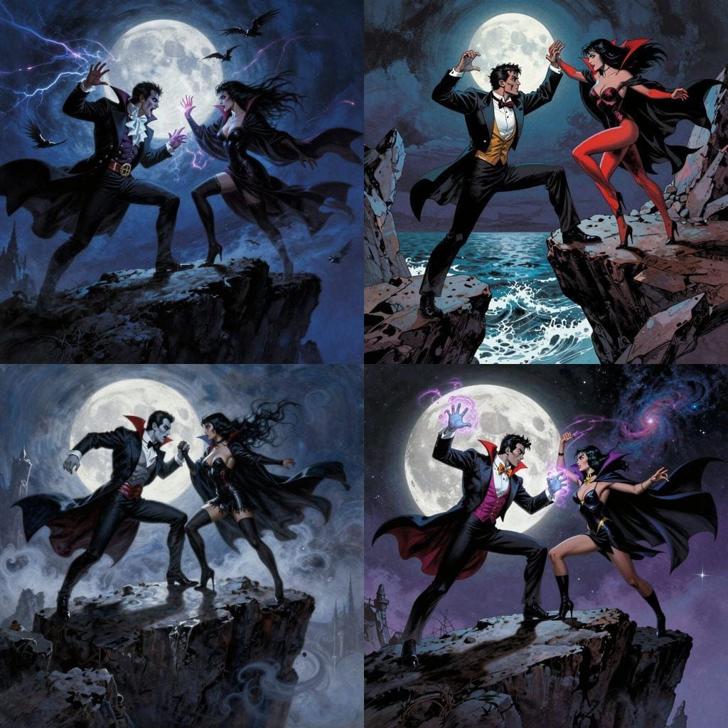 Mandrake the Magician Battles Vampirella on Moonlit Cliff