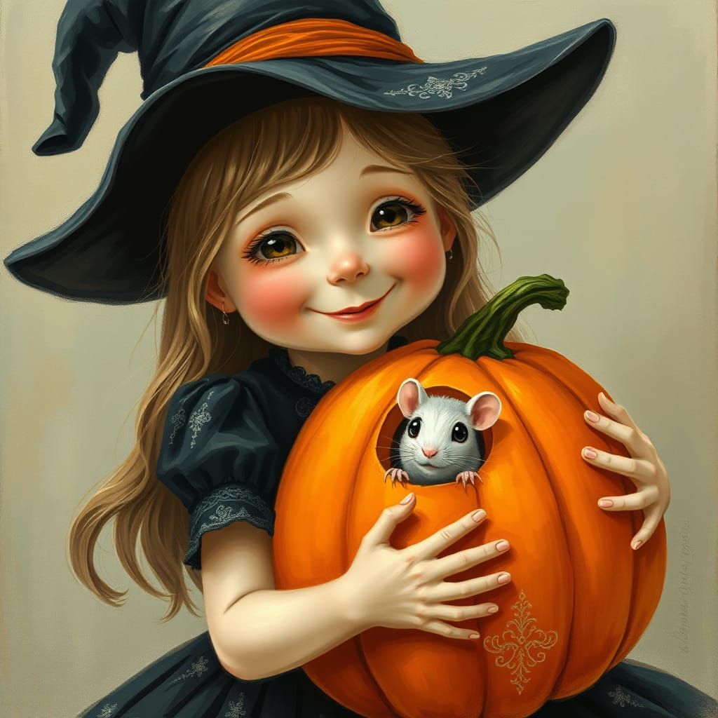 Girl with Pumpkin and Mouse in Arthur Rackham Style