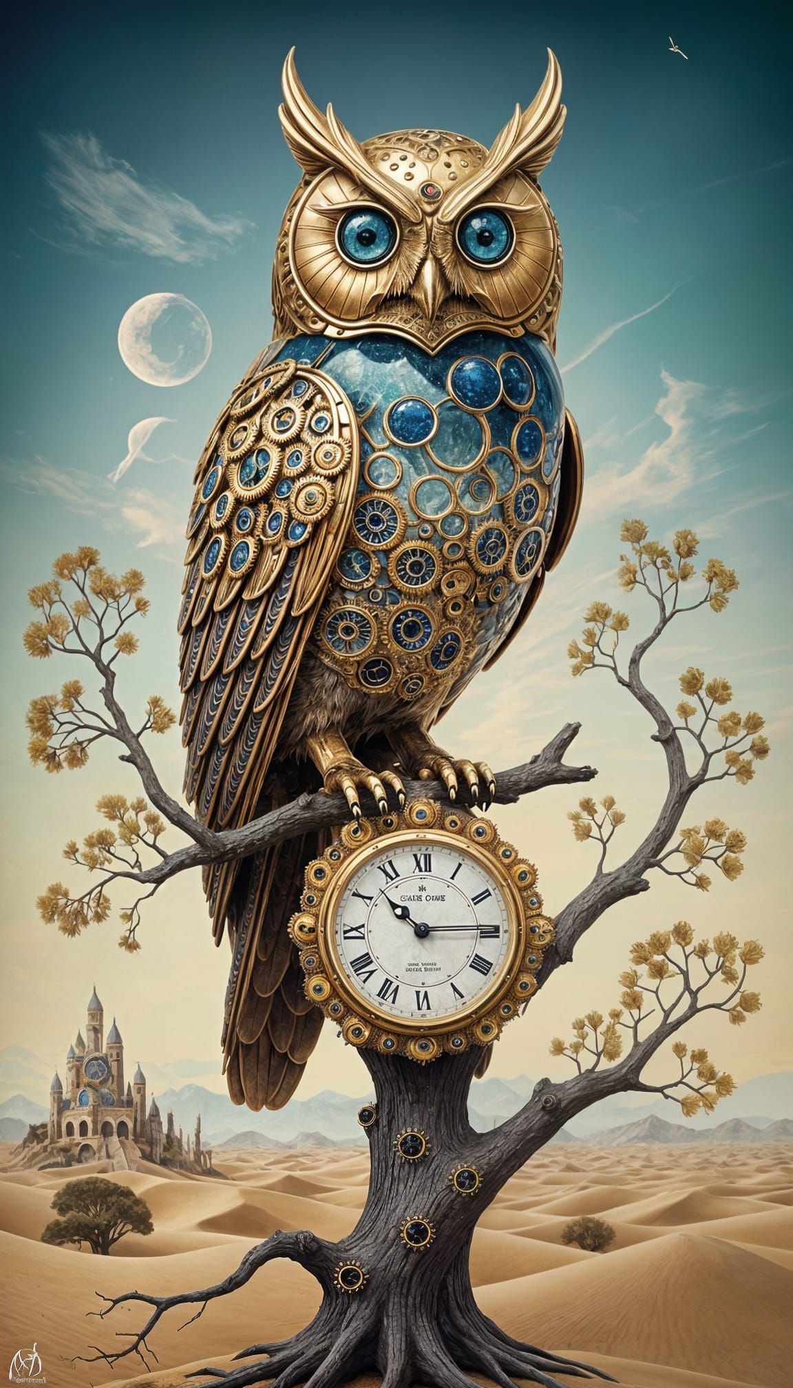 Surreal Clockwork Owl in a Melting Desert Landscape
