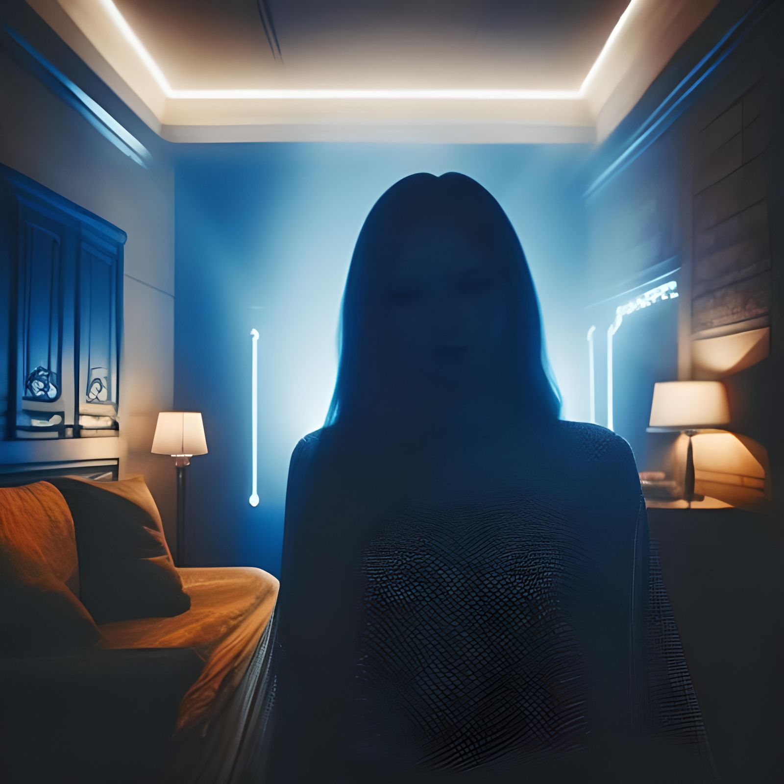 Woman's Silhouette in Dark Blue Lit Room