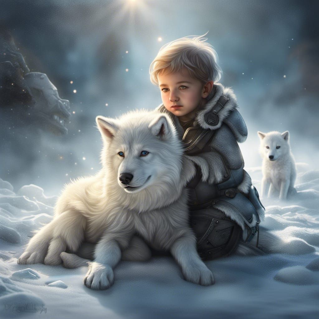Baby and Wolf Puppy in Icy Winter Landscape
