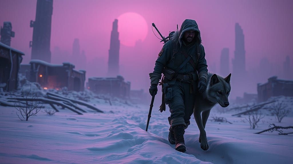 Lone Hunter in Ruined Post-Apocalyptic Winter Landscape in D...