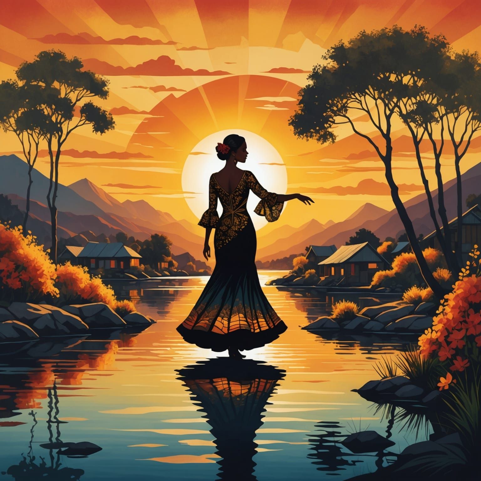 Flamenco Dancer Double Exposure Sunset Art