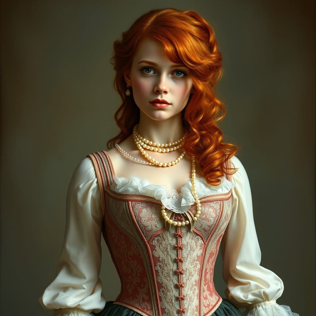 Redhead in 1700's Corset, Art Nouveau Style