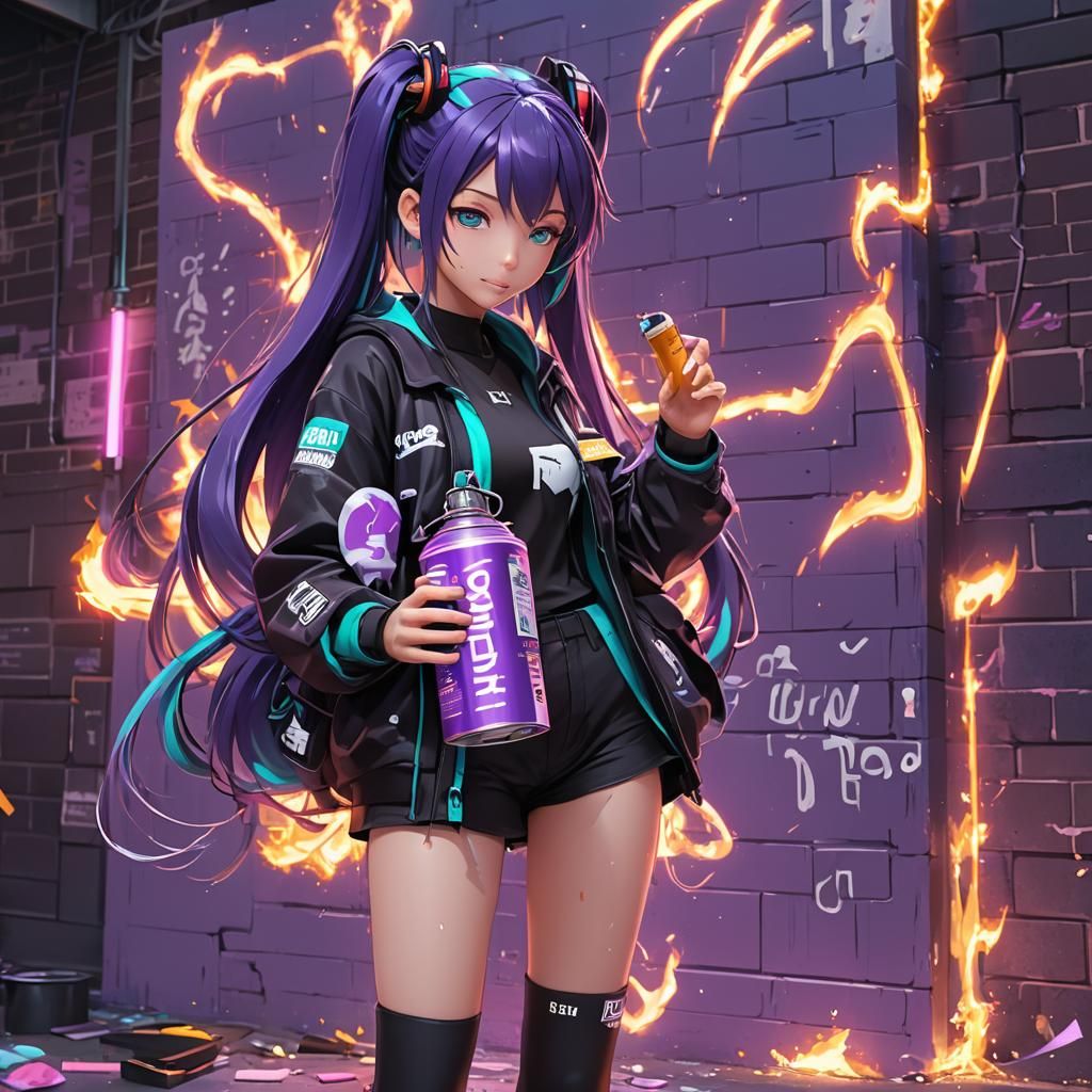 Hatsune Miku Spray Painting a Neon Sign
