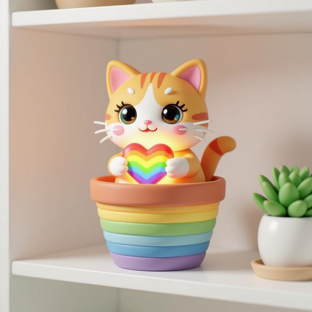 Adorable Clay Kitty with Rainbow Heart in Anime Style