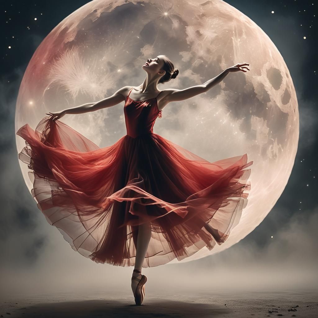 Ballerina in Red Dress Dancing Under the Moon