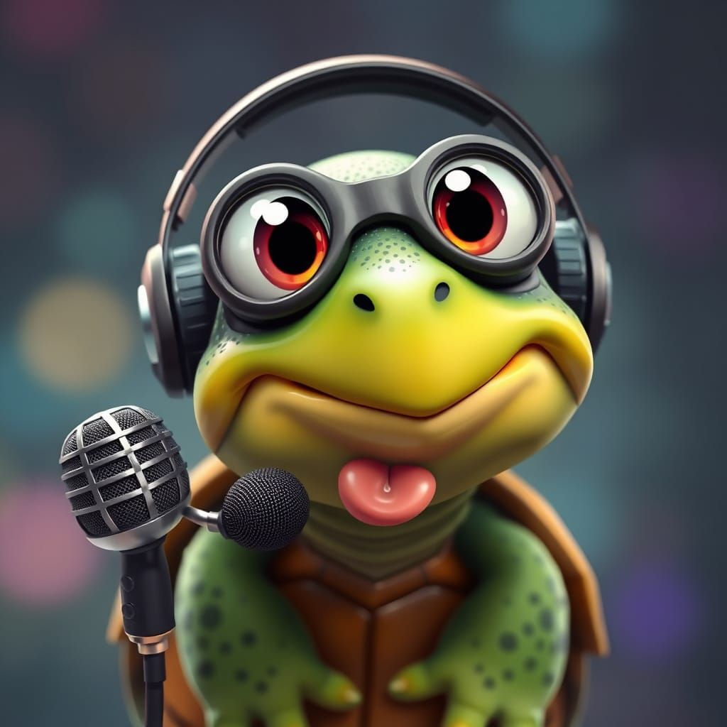 Hyperrealistic Turtle Singing with Cartoon Eyes