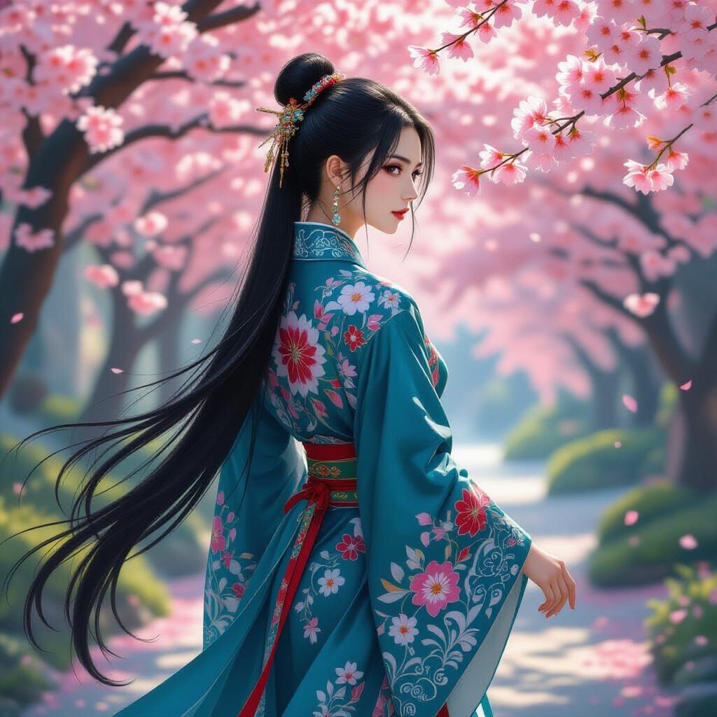 Woman in Chinese Robe Among Cherry Blossoms