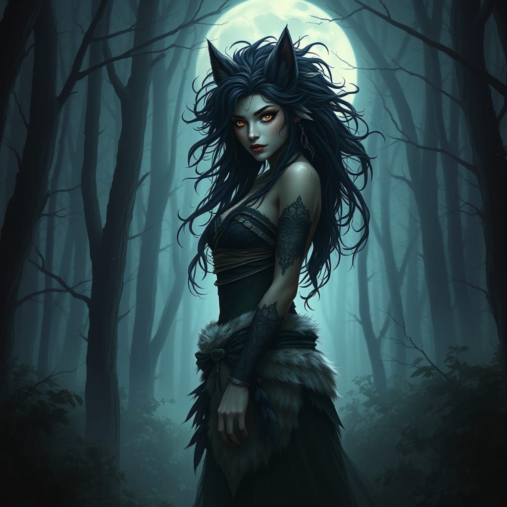 Mystical Beast-Woman in Bioluminescent Forest, Digital Art