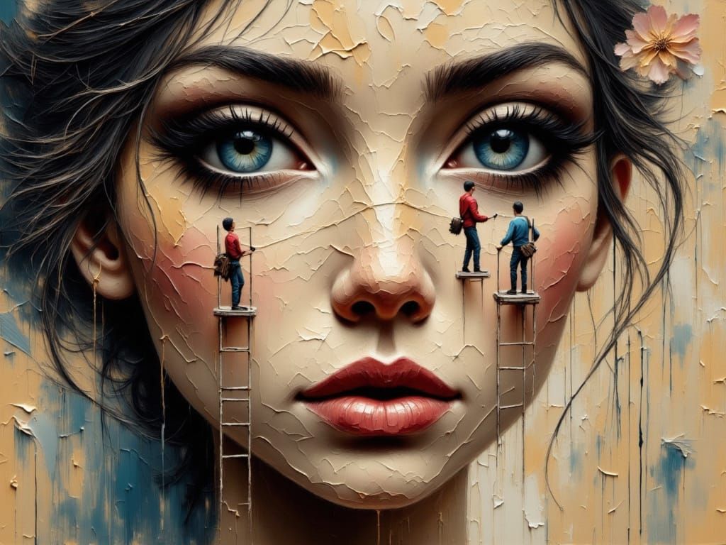 Tiny Builders Painting Woman's Face in Detailed Oil Style