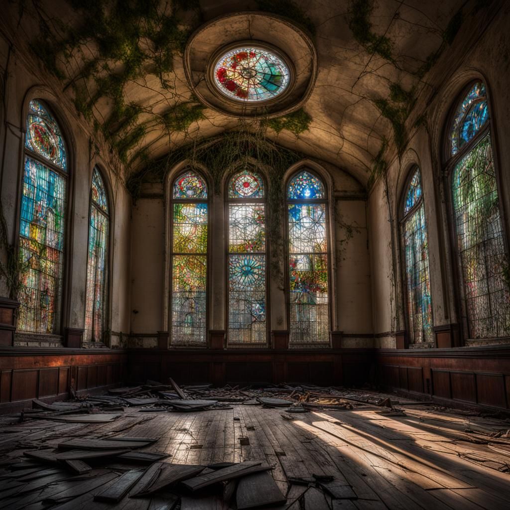 Abandoned ballroom, with an amazing big stained glass window.. The floorboards all cracked and broken. The walls with lo...