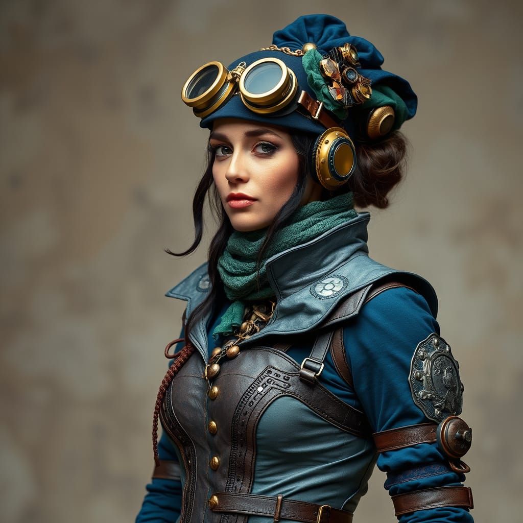 Steampunk Woman in Blue, Green and Silver Attire