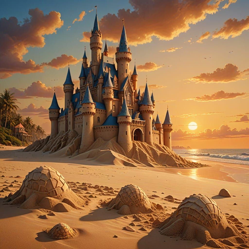 Detailed Sandcastle on Beach in Oil Painting Style