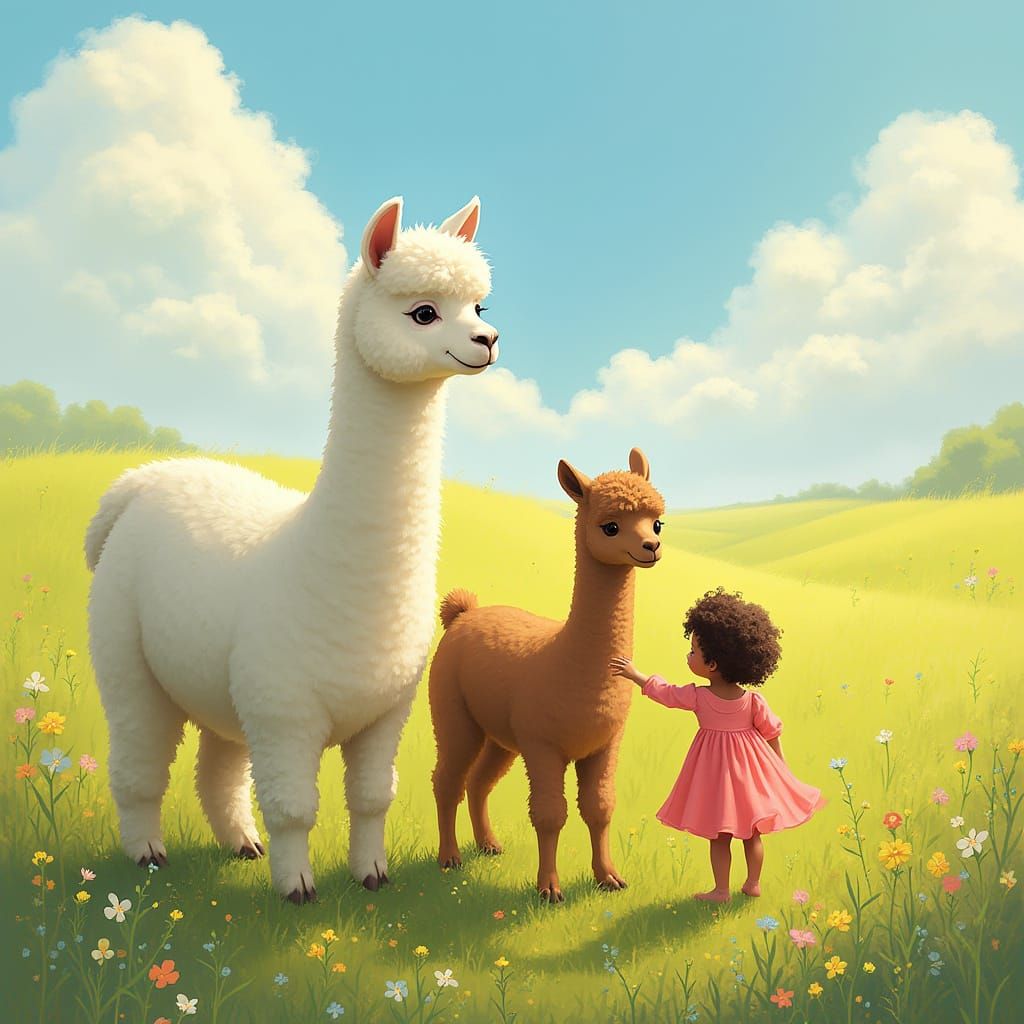 Alpacas in Sunny Meadow, Whimsical Storybook Illustration