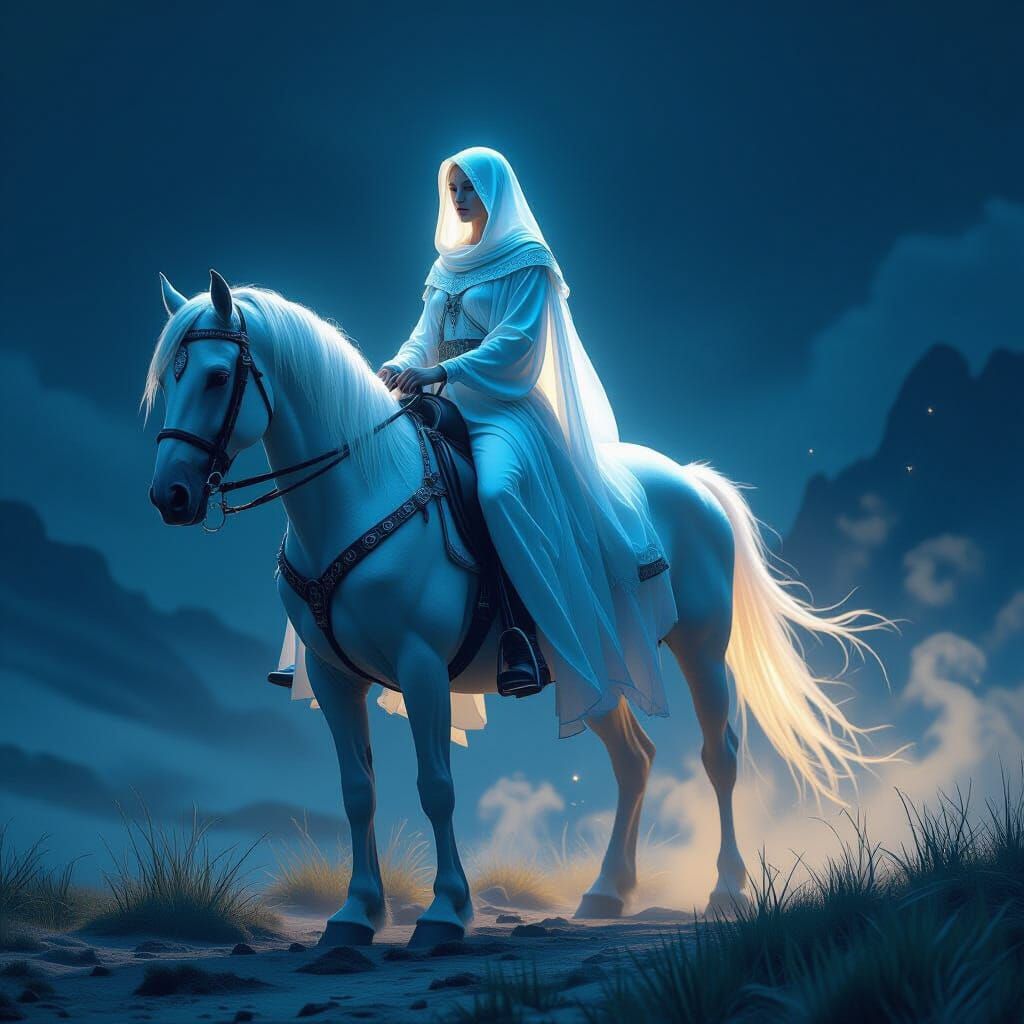 Ethereal Woman Rides Horse in Dramatic, Cinematic Scene