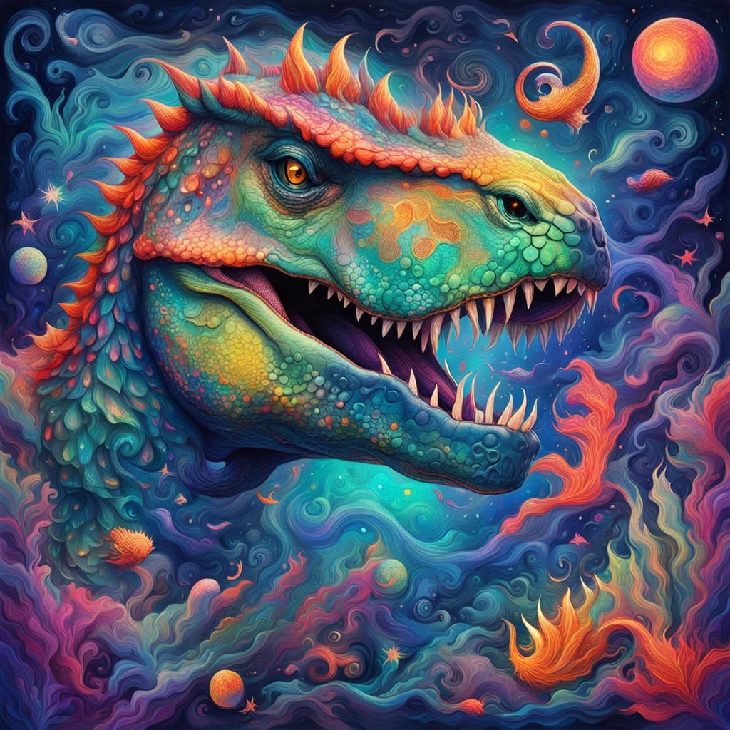 Mythical Dino-Mermaid in Abstract Cosmic Illustration