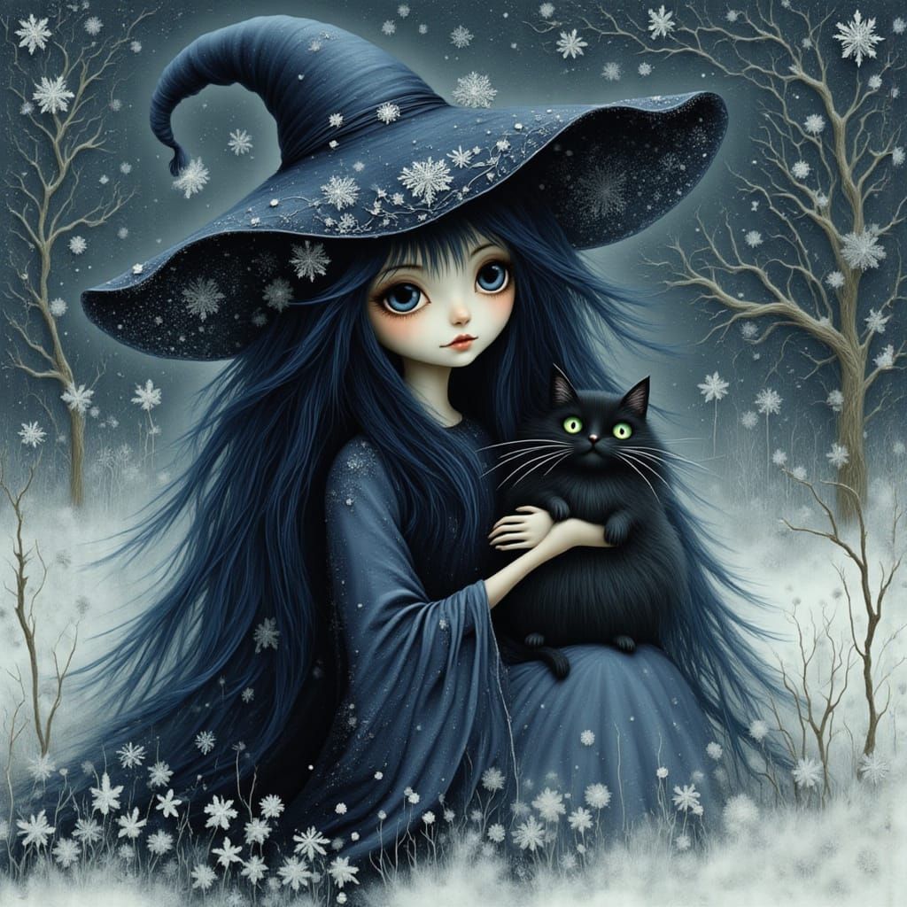 Enchanting Witch with Cat in Winter Illustration