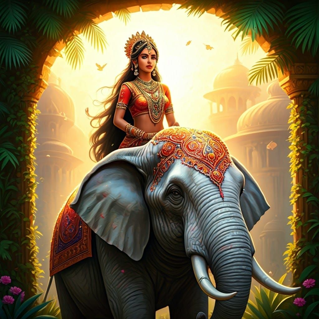 Hindu Princess on Elephant in Art Nouveau Style