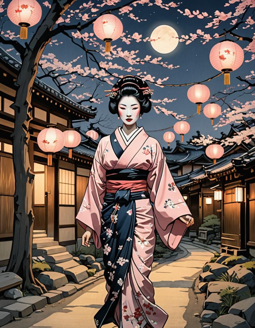 ukiyo-e geisha girl in Japanese village