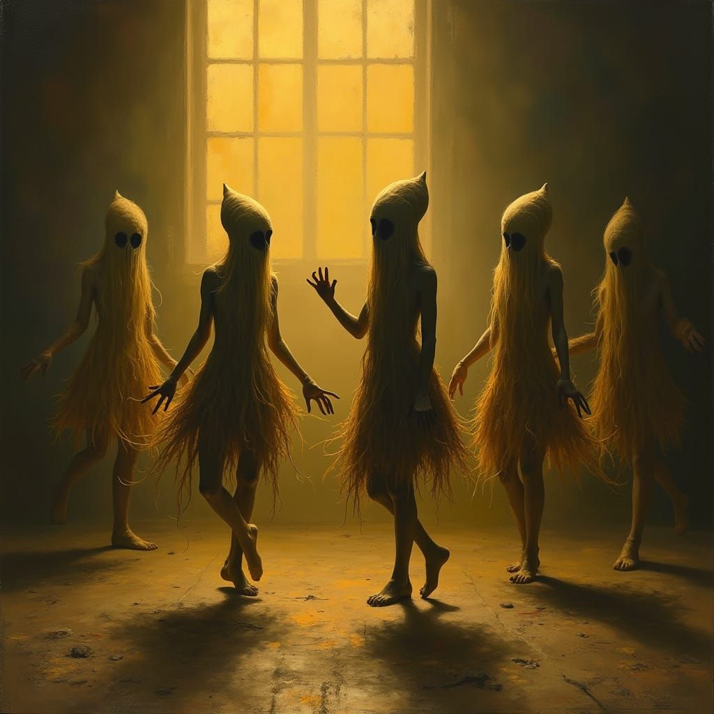 Surreal Squid Dancers in Studio, Oil Painting
