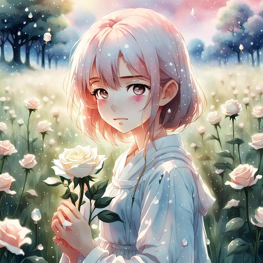 Watercolor Anime Girl with Rose in Meadow