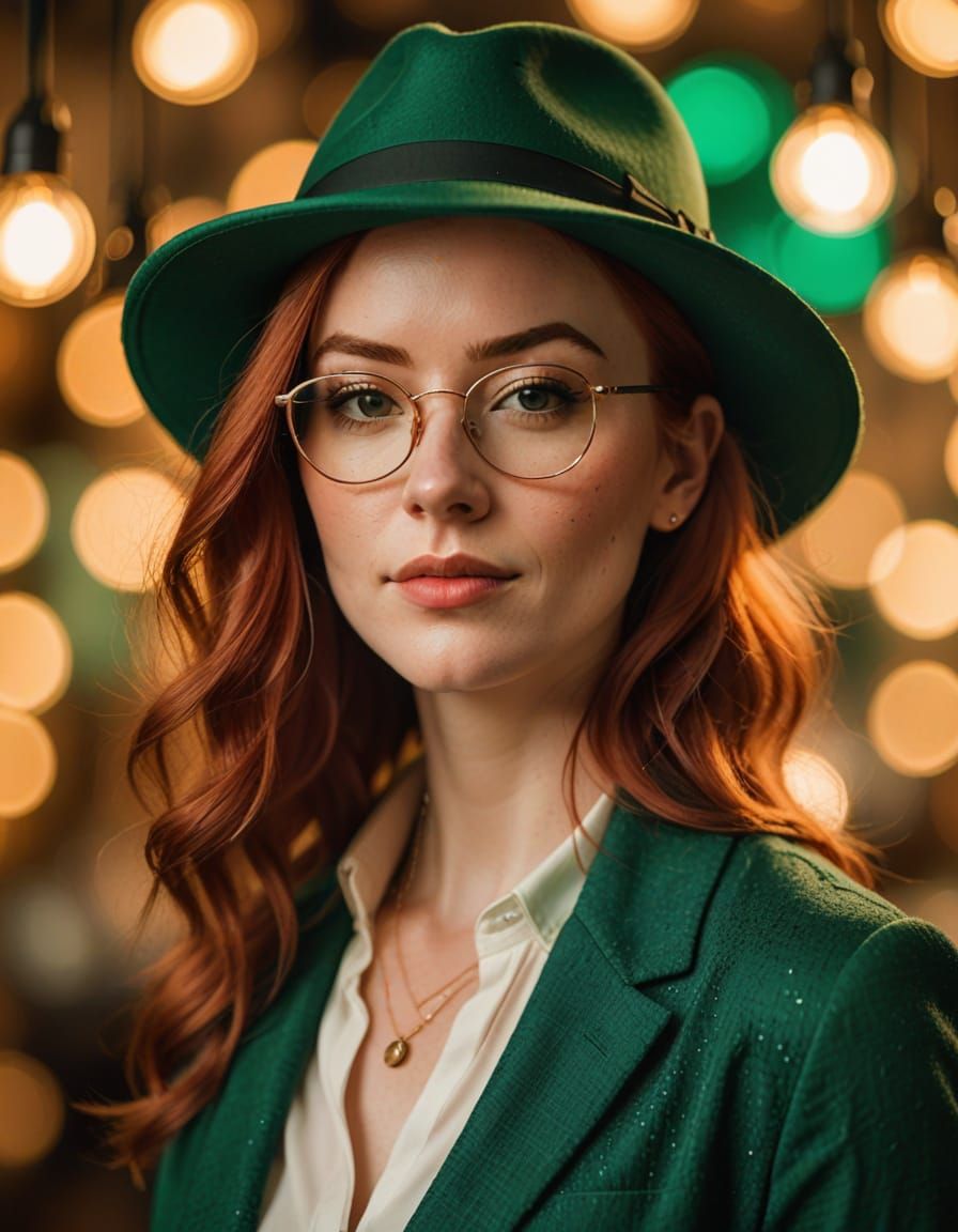 Vibrant Portrait of Redhead in Fedora with Golden Lighting