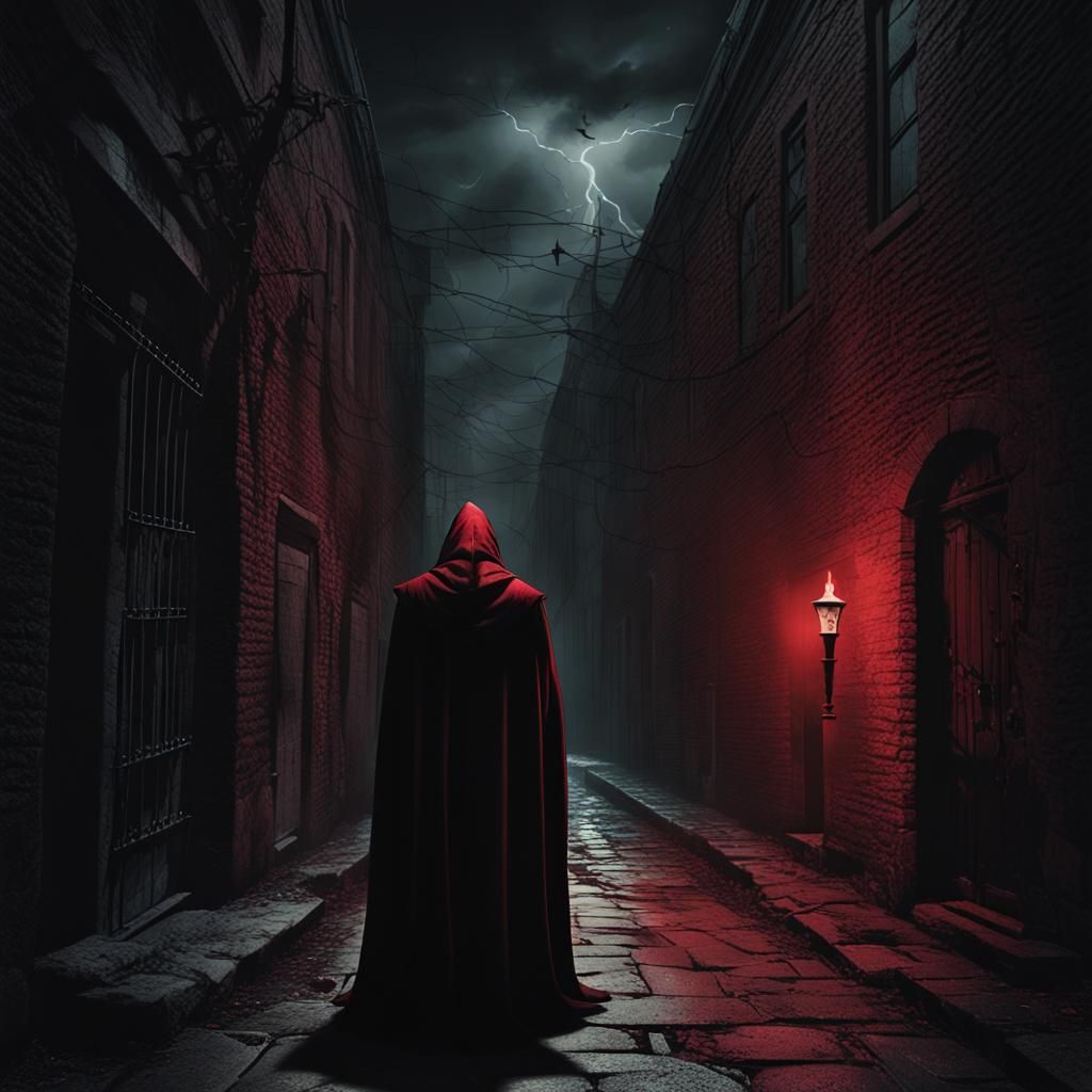Cloaked Figure in Dark Fantasy Alleyway
