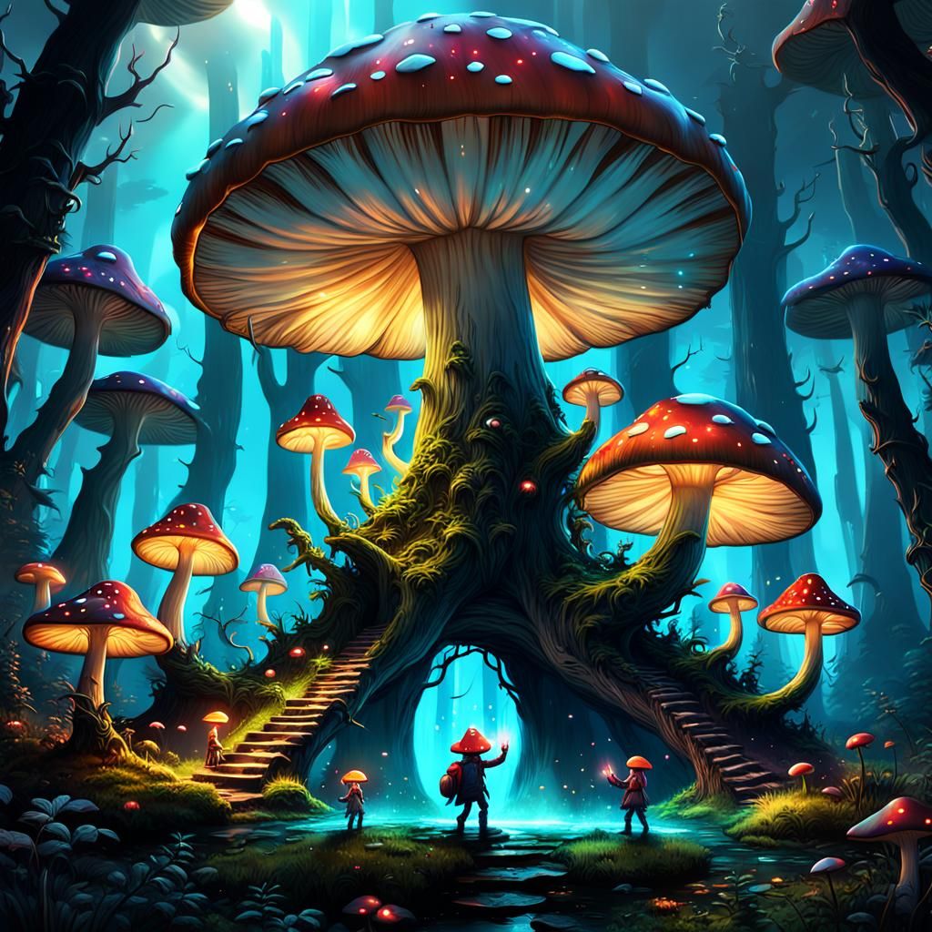 Whimsical Creatures High Five on Glowing Mushroom