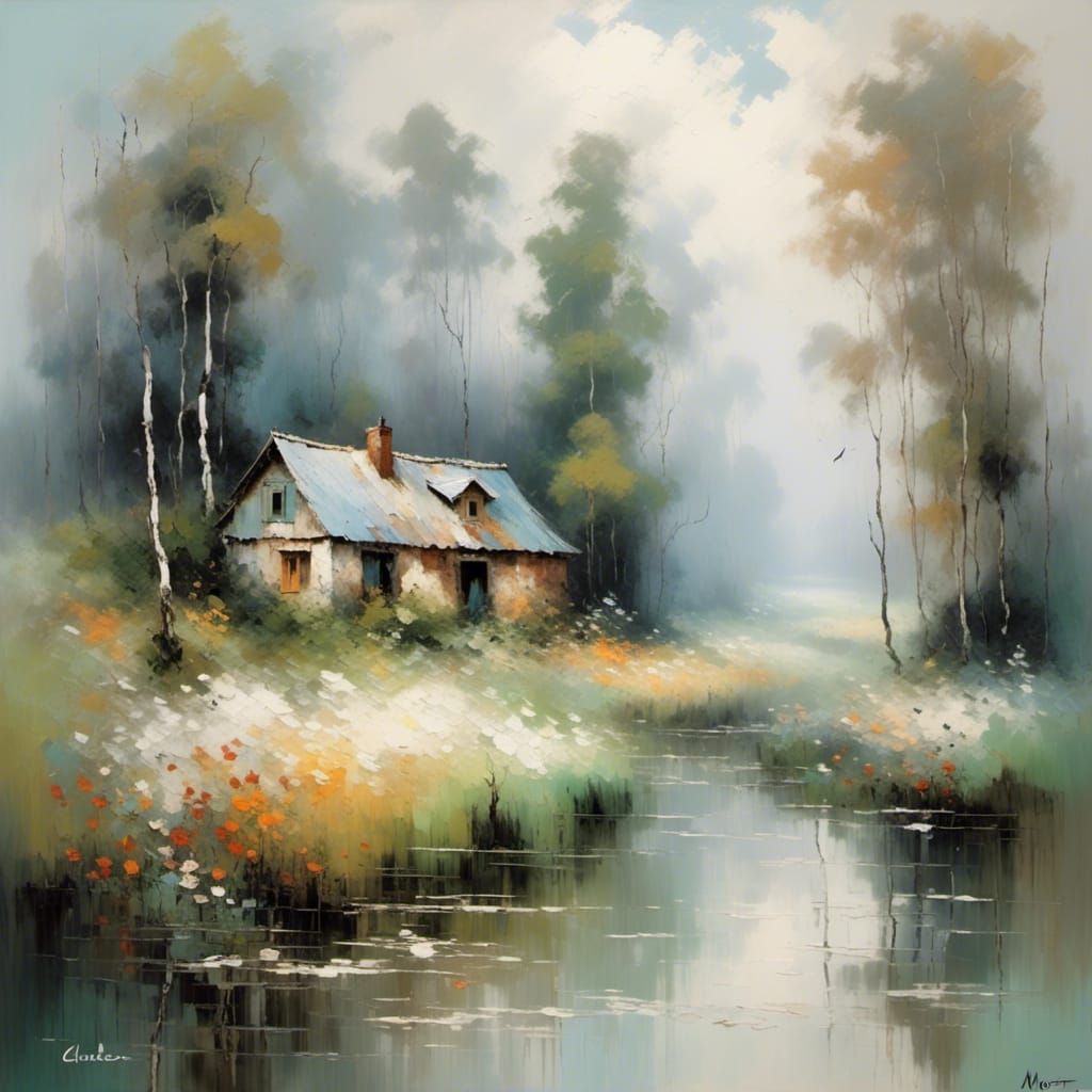Misty Forest Shack in Impressionist Style