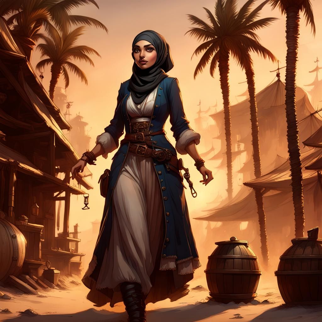 Intricately Detailed Hijabi Pirate at Dawn