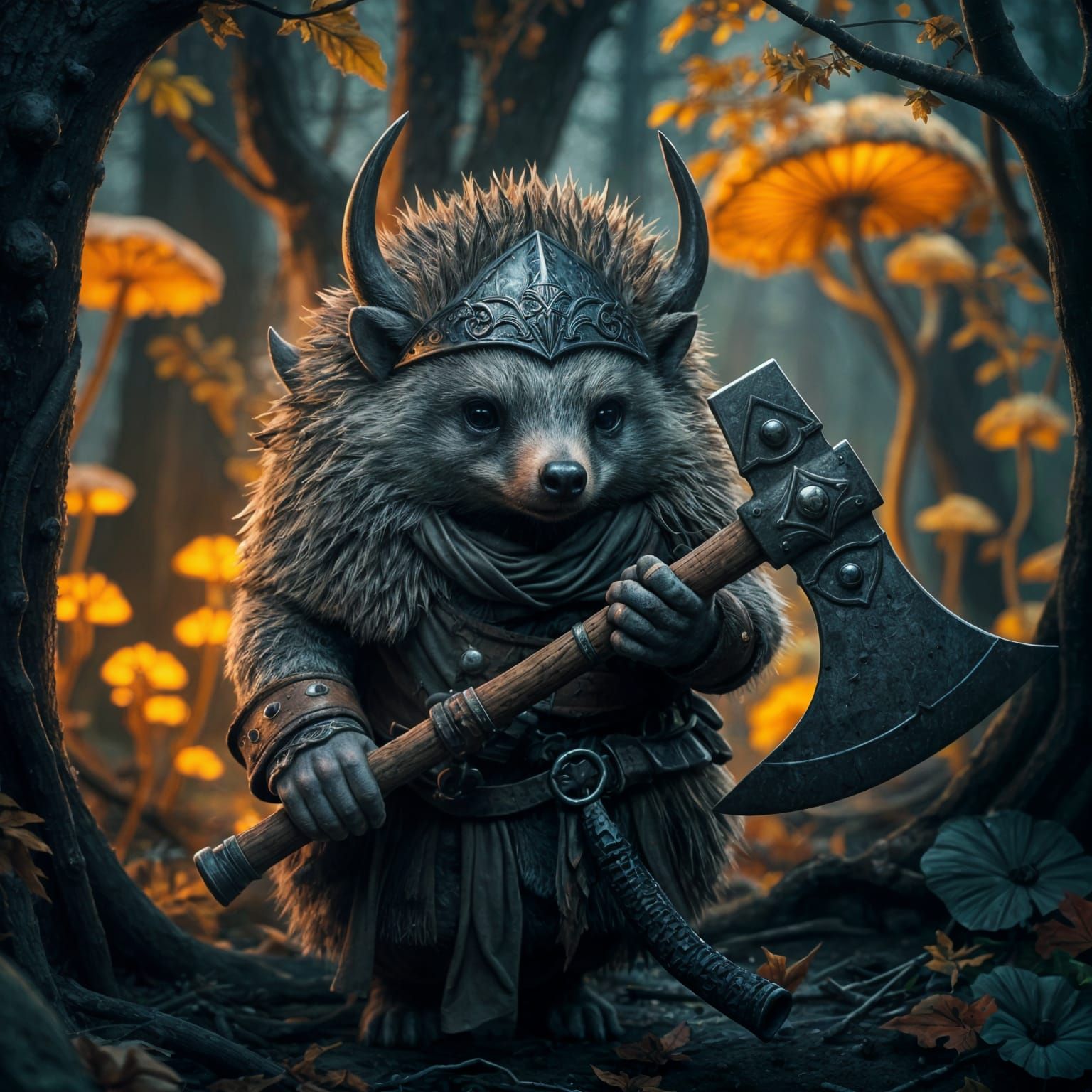 Viking Hedgehog Wields Axe in Autumn Fantasy Realm