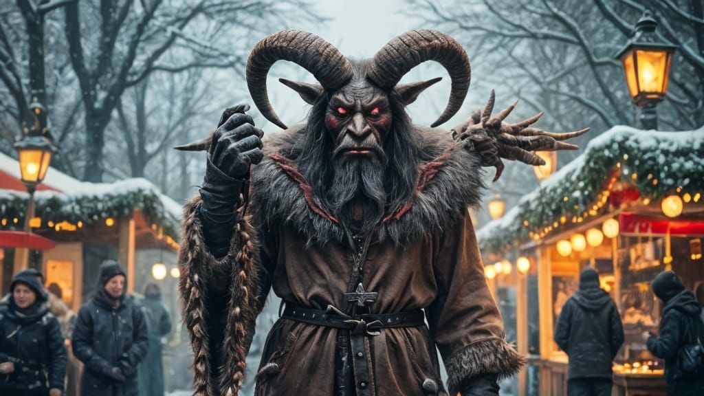 Krampus in Festive Winter Scene with Chains and Club