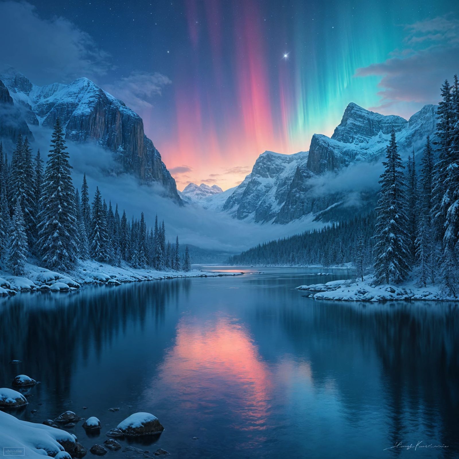 Winter Aurora: Pristine Waters Beneath Starry Snowy Skies